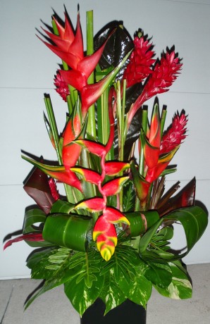 hanging heliconia red ginger tropical flower arrangement